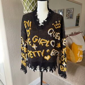 Women’s Full Circle Trend Edgy Black and Yellow Graphic V-Neck Sweater